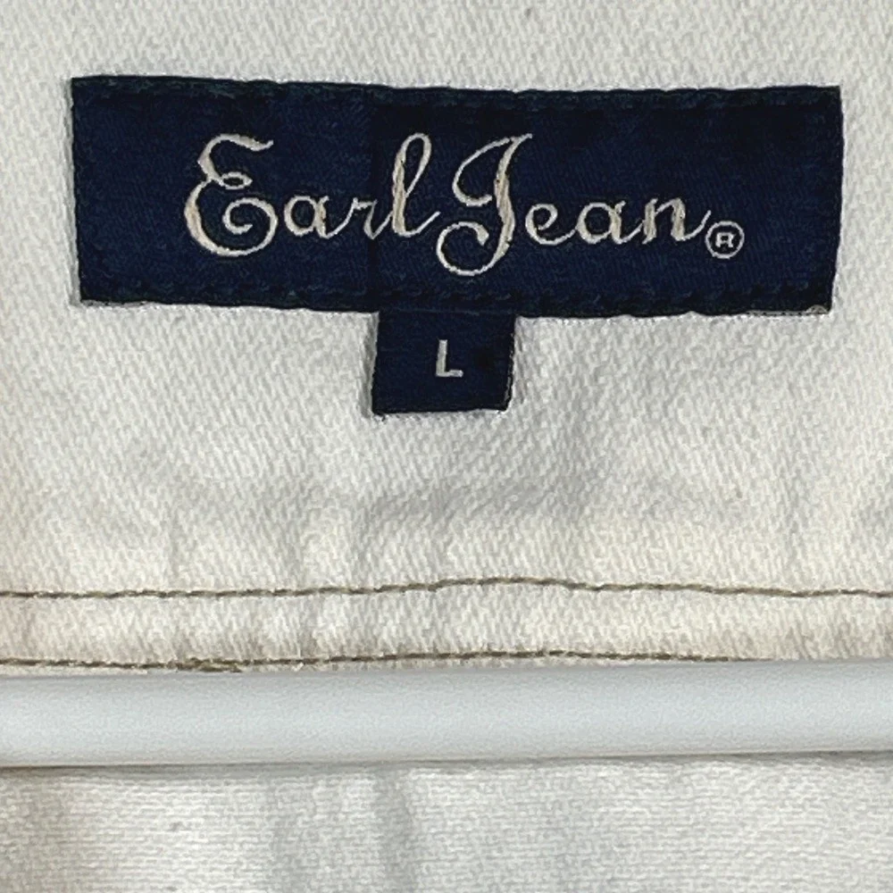 Earl Jean White Denim Jacket Women Large Button Pockets Studded Cuffs Trucker